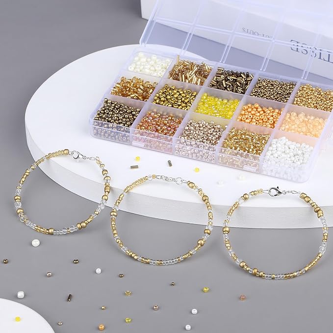 DUQGUHO Gold Beads for Jewelry Making 4mm Gold Glass Seed Beads Kit 15 Color 3mm 2mm Small Plastic Tube Bead for Bracelets Craft DIY
