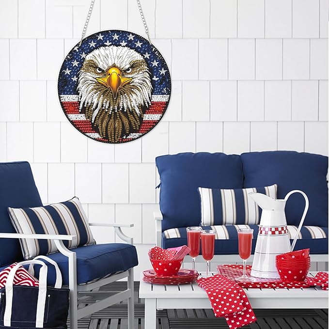 DOMROM 4TH of July Diamond Art Hanging Kit for Adult, Eagle Diamond Art Hanging Kit, Patriotic DIY Diamond Art, Independence Day Diamond Hanging Pendant, Window Pendants Garden Wall Hanging Ornament