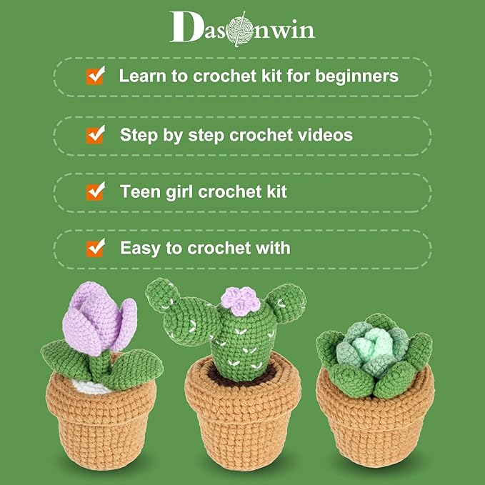 Dasonwin Crochet Kit for Beginners,Crochet Cactus with Step-by-Step Tutorials,Beginner Crochet Kits for Adults,Gift for Girls and Women.