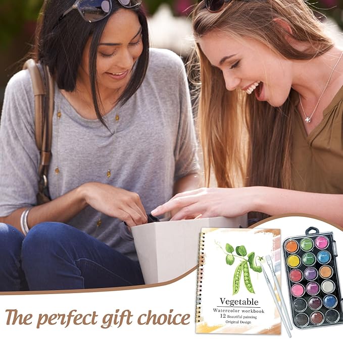 Watercolor Workbook, Water Coloring Book, 12 Different Patterns of Original DIY Designs, 18 Colors Watercolor Paint Set, Beginner-Friendly Watercolor Workbooks(Vegetables), Perfect Gifts for Adults