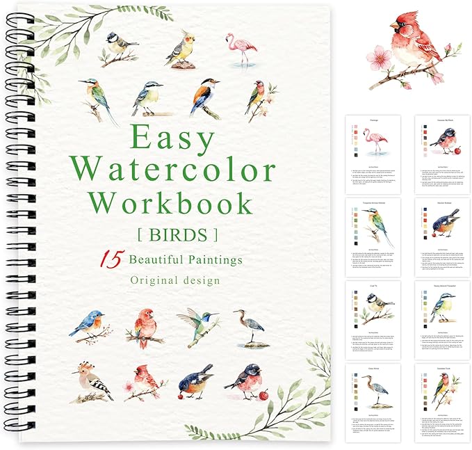 SLWBZ Watercolor Workbook Birds, 15 Different Patterns of Original DIY Designs, Beginner-Friendly Watercolor Workbooks, (Birds, Without Palette)