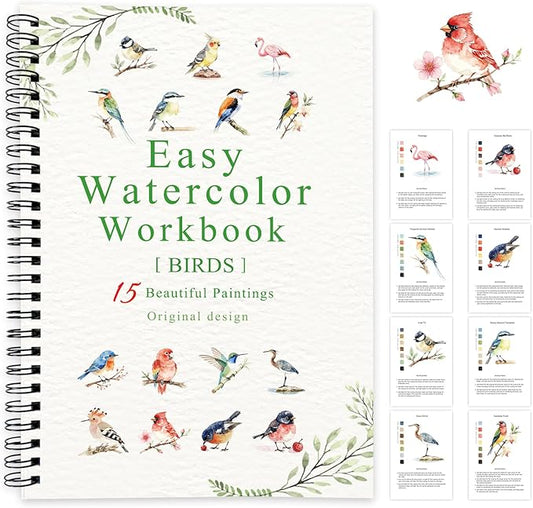 SLWBZ Watercolor Workbook Birds, 15 Different Patterns of Original DIY Designs, Beginner-Friendly Watercolor Workbooks, (Birds, Without Palette)