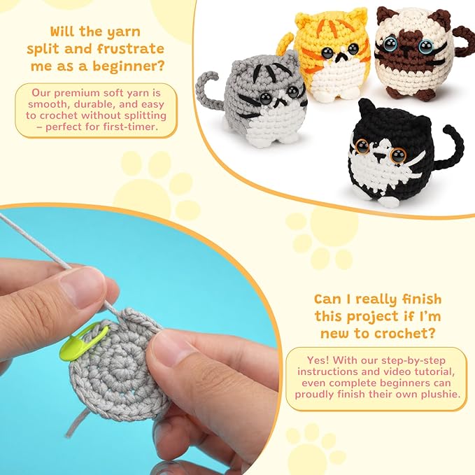 Fortuning's JDS Crochet Kit for Beginners, Cat Crochet Kit for Adults Beginner, Complete DIY Crochet Starter Kit with Step-by-Step Video Tutorials, Easy Knitting Kit Cat Crochet Gifts