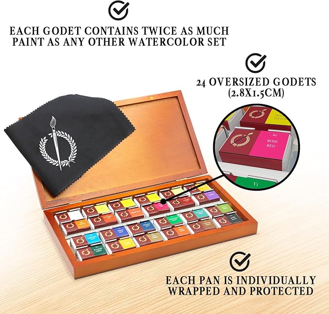 Watercolor Set Professional | 24 Richly Pigmented Colors (XL Pans) in Wooden Box | Artist Grade Watercolor Professional Paint Set