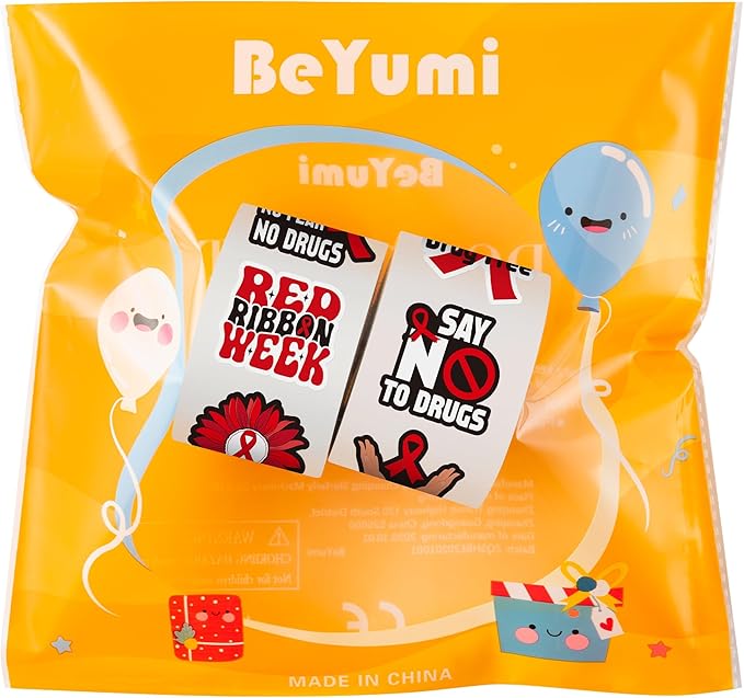 beyumi red ribbon roll stickers - 1000pcs red ribbon week awareness stickers in 2 rolls waterproof vinyl drug free say no to drugs decals school events anti-drugs campaigns laptop bottle luggage decor