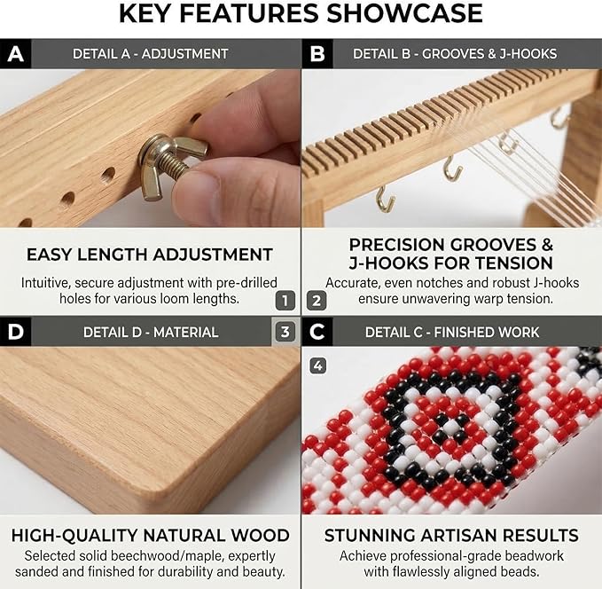 TMEGMIC Adjustable Wood Bead Loom Kit for Beginners & Adults - Professional Wooden Weaving Frame for Jewelry Making - Sturdy & Easy-to-Use Tool for Seed Beads, Bracelets, Belts & DIY Crafts
