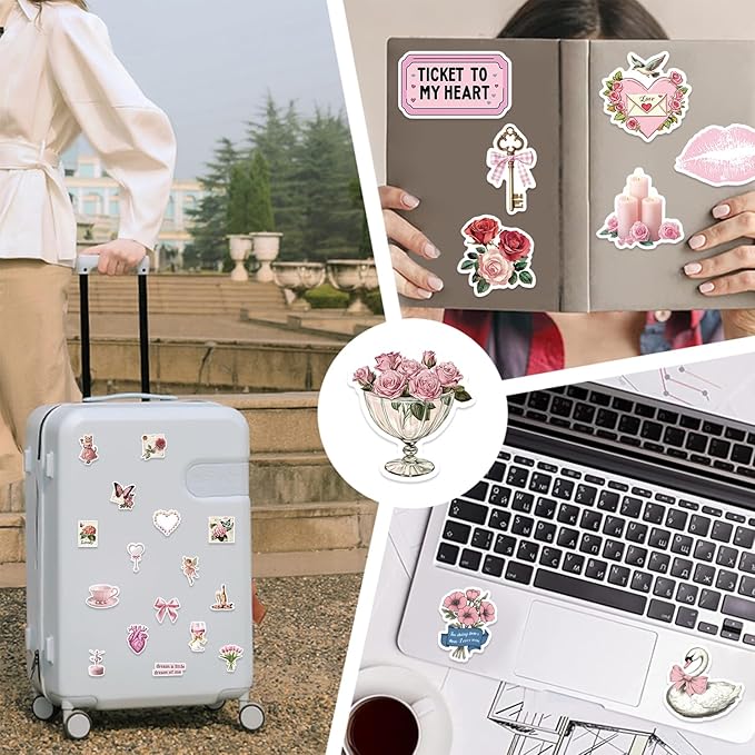 100pcs vintage pink girls stickers coquette pink aesthetic stickers for water bottles,laptop scrapbook waterproof computer phone guitar aesthetic decals