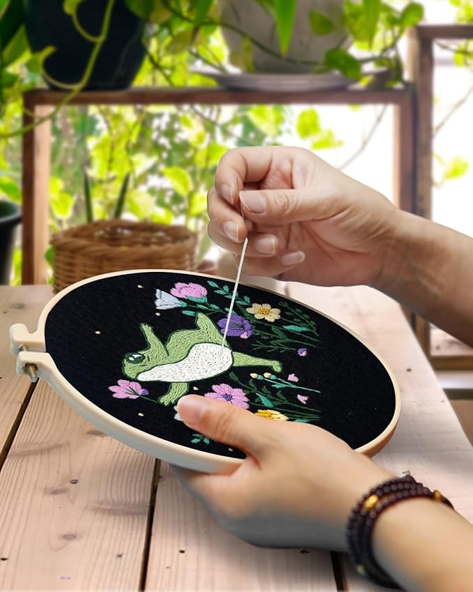 TINDTOP Embroidery Kit for Beginners Adult, Frog Embroidery Kit for Beginners Include Embroidery Cloth Hoops Threads for Craft Lover Hand Stitch with Embroidery Skill Techniques