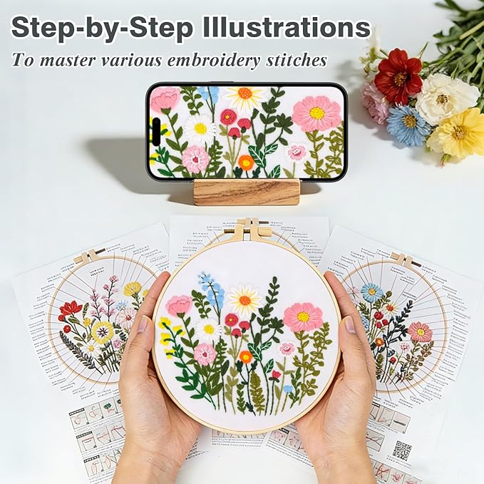 RIHYTFU 3 Pack Flower Embroidery Kits for Beginners, Adults Starter Cross Stitch Kit, DIY Sewing Needlepoint, Floral Plants Patterns Hand Stamped Embroidery Kits