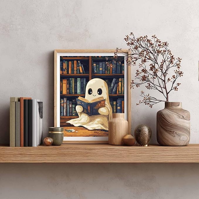 Ghost Reading a Book Paint by Number for Library Decor, Halloween Paint by Numbers Kit for Adults, Cute Ghosts Reading Acrylic Painting for Holiday Gift, Home Reading Room Decor(16x20inch, No Frame)