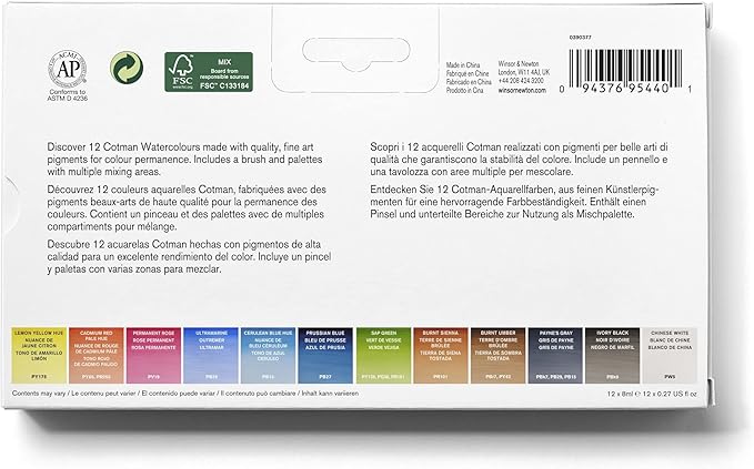 Winsor & Newton Cotman Watercolor Paint Set, 12 Colors, 8ml (0.27-oz) Tubes w/ Brush