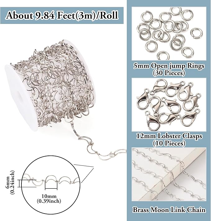 Sparkeads 9.84 Feet(3m) Silver Chain for Jewelry Making,Brass Hollow Moon Link Chains,Silver Link Necklaces for Women, Cable Chain for Bracelet DIY Earring Craft Supplies Jewelry Making Kits,10x6x1mm