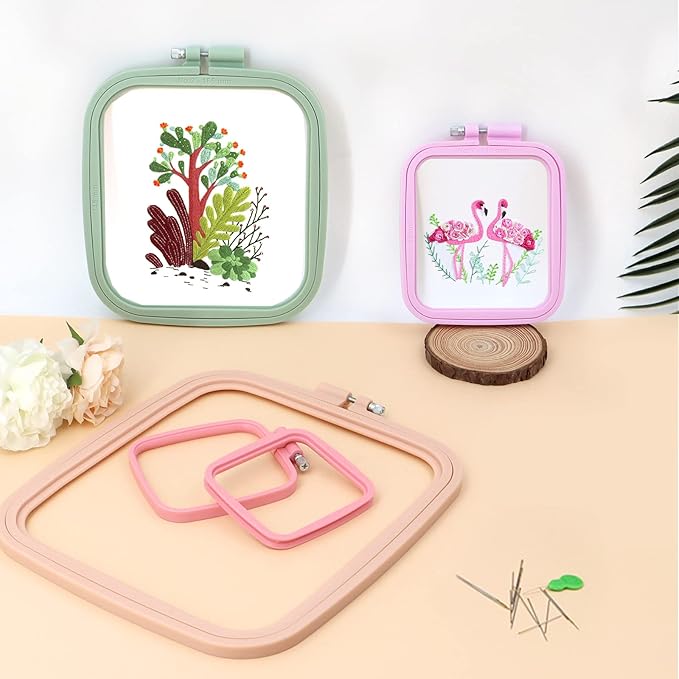 zocone 4 pcs 4 size square embroidery hoops, abs plastic embroidery hoops cross stitch hoops embroidery frames for sewing, needlework, embroidery projects (size-3", 4.3", 6.5", 8.7")