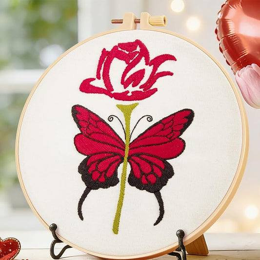 Butterfly Rose Embroidery Kits for Beginners Adults, Valentine's Day Hand Embroidery Kits, Cross Stitch Kits for Adult Anniversary Valentine's Gifts, Entire Set of Embroidery Supplies & Video Tutorial