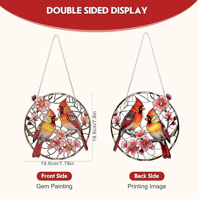 NEWENMO Hanging Diamond Art Kit for Adult, Cardinal, 5D Special Shaped Rhinestone Diamond Painting Ornament, Flower Bird, DIY Acrylic Diamond Art Painting Window Pendants Home Garden Wall Decor