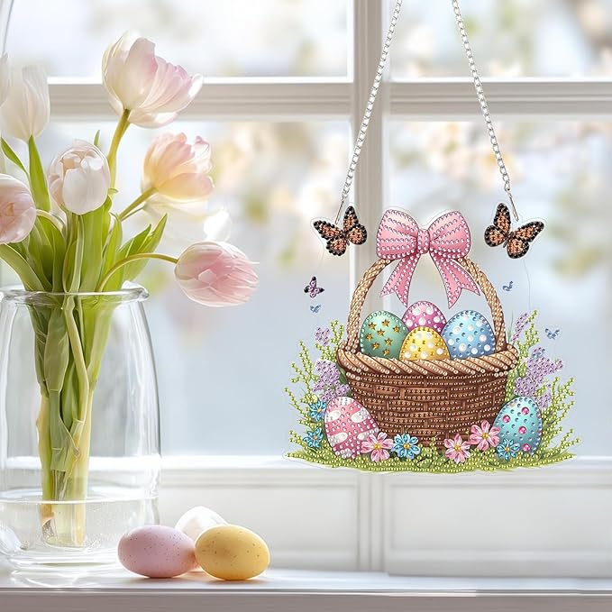 NAIMOER Easter Egg Basket Diamond Art Hanging Kits for Adults, 5D Special Shaped Rhinestone, DIY Acrylic Spring Diamond Art Painting Window Pendants Home Garden Wall Hanging Ornament Kits