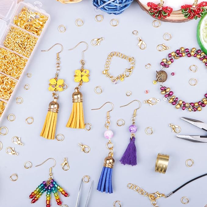 Jump Rings for Jewelry Making Kit, 1500 pcs Jewelry Repair Kit for Necklace Bracelet, Lobster Clasps and Closures Repair Supplies Kit with Pliers Tweezers-Gold