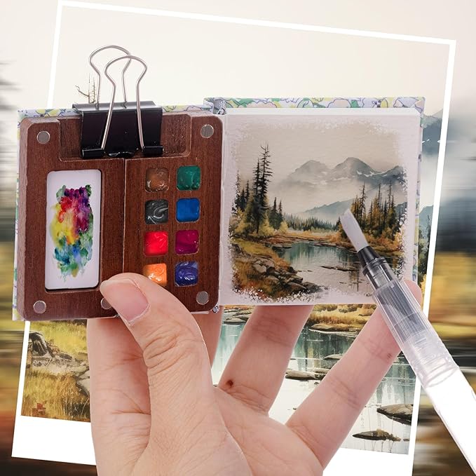 Qilery Mini Portable Watercolor Palette Set Wooden Grid Paint Box Watercolor Paper Sketch Book Brush Pens with Binder Clip for Painters Artist Not Include Paint(Small Flowers)