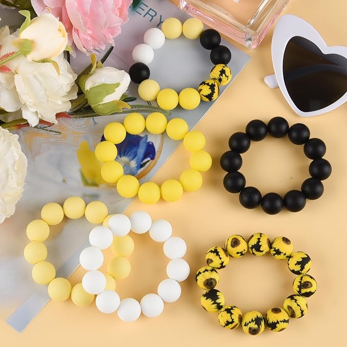 ASTARON 100 Pcs 15mm Silicone Beads for Keychain Making, Yellow Black Round Beads for Bracelets Beadable Pens Decorations Crafts Making Party Favours Supplies