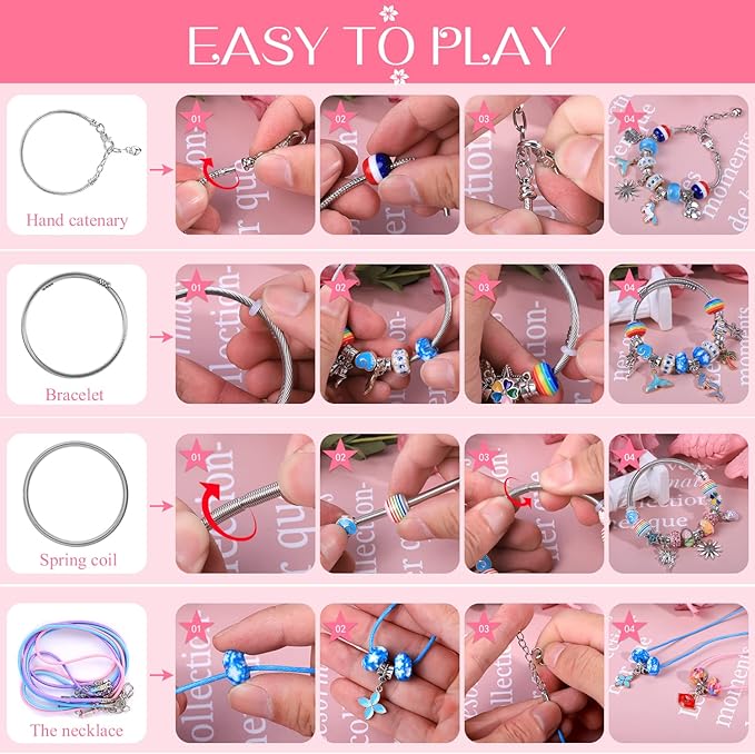 aipridy charm bracelet making kit,unicorn mermaid crafts gifts set can inspires imagination and creativity,jewelry making kit perfect gifts for girls 5-12 years old (72 pieces rose)