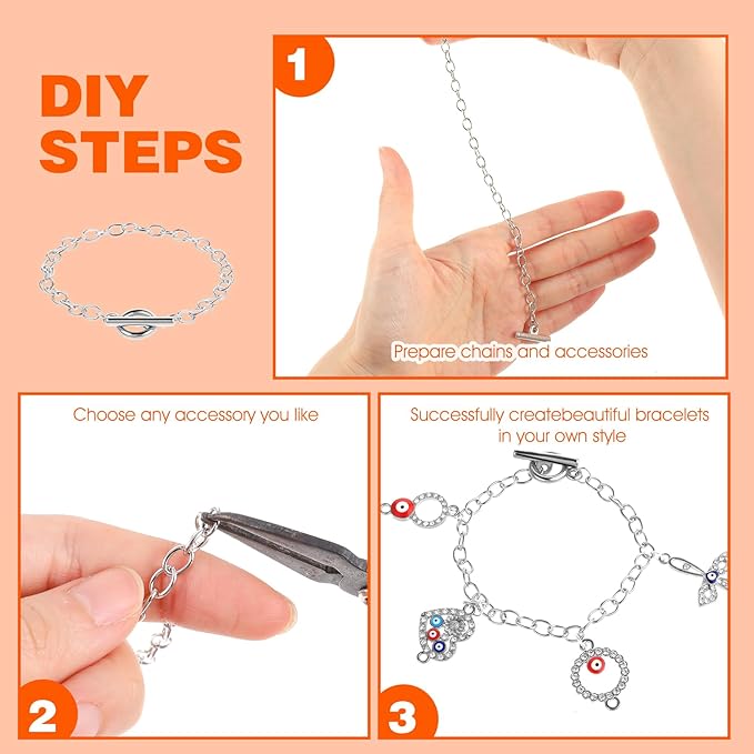 Prasacco 12 Pcs Chains Bracelets for Jewelry Making, Chain for Women, Link Chain Bracelets with OT Toggle Clasp, Charm Bracelets for Jewelry Making (Silver)