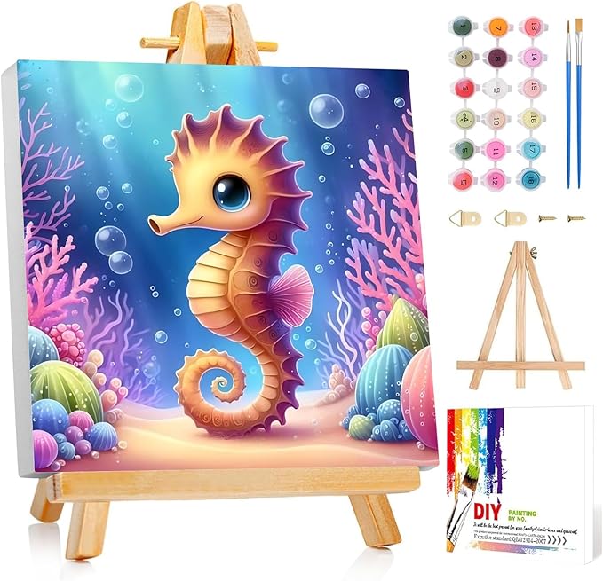 Reivworl Paint by Numbers Kit for Kids with Frame and Easel, Seahorse Paint by Number for Kids Age 6-8-12, Paint by Numbers Kits for Gifts and Home Decor - 8X8Inch