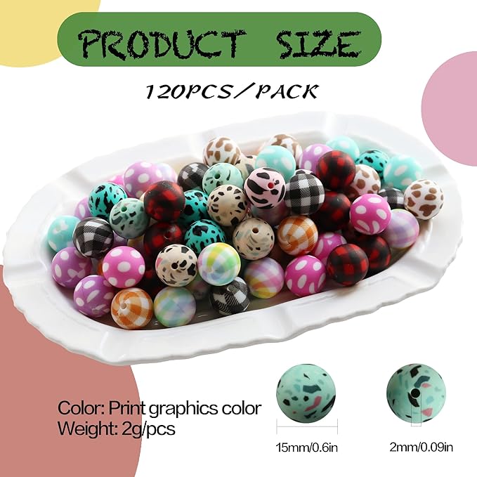 120pcs Richbunnys 15mm Bulk Silicone Beads for Pens and Keychain Making,Large Bead for Necklace and Bracelets Making,Assorted Rubber Beads Set（Print Graphics）