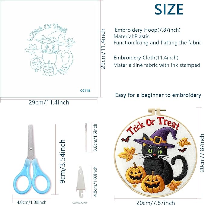 Zhenqing Halloween Black Cat Embroidery Kit for Beginners - Complete Set with Pre-Printed 29x29cm Cotton Fabric, Hoop, Threads & Tools (C0118)