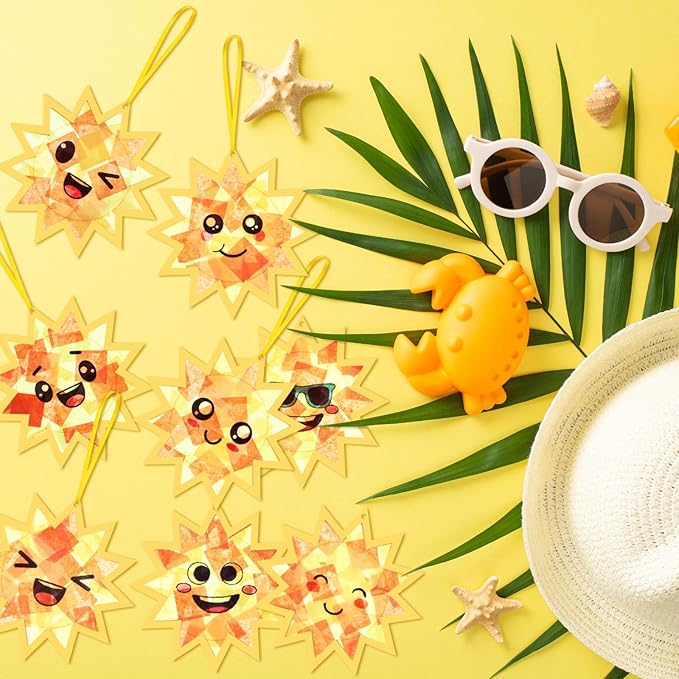 AmazingSpark 30 Pcs Sun Suncatchers Paper Craft Spring Sun Face DIY Stained Glass Effect Tissue Paper Kits Gift Bulk for Fall Autumn Activities Art Party Decor