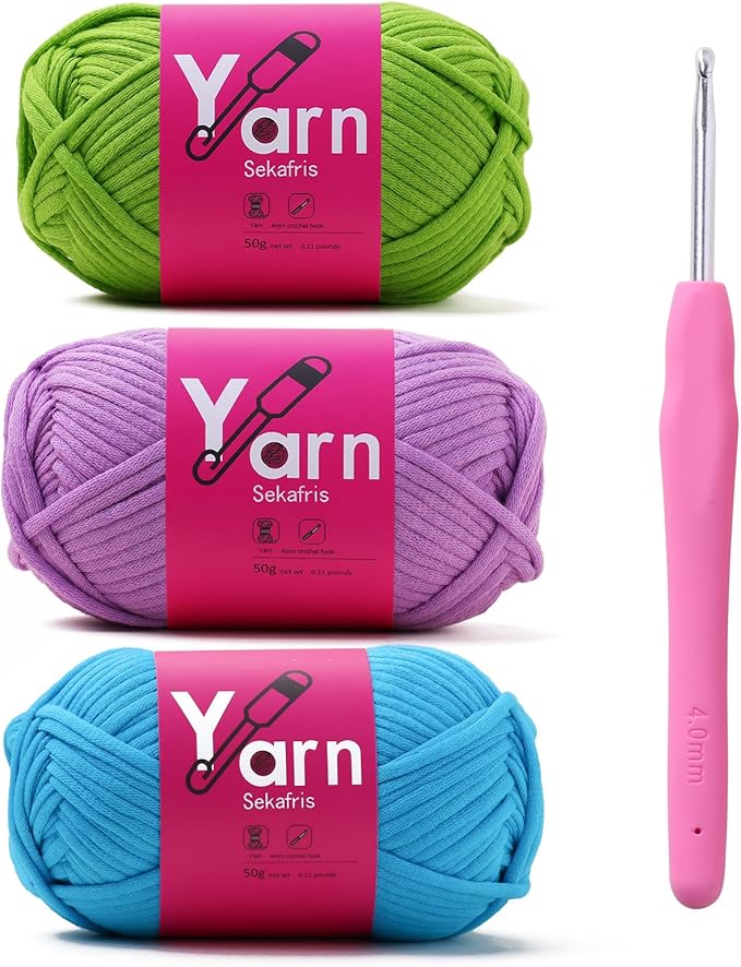 Crochet Yarn with Cotton Yarn for Crocheting - Crochet Knitting Yarn for Beginners with Easy-to-See Stitches - Yarn for Crocheting - Chunky Yarn (Emerald Green+Pale Purple+Lake Blue)