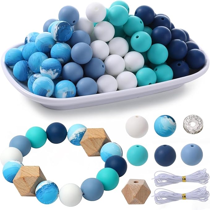 96Pcs Silicone Beads for Bracelets with 4Pcs Wooden Bead and Elastic 2 Strings, 15mm Silicone Beads Bulk Wave Bracelet Making Kit Focal Bead for Pens Keychain Making Kit