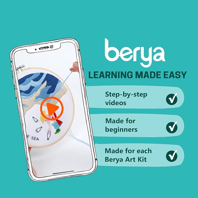 BERYA Embroidery Kit for Adult Beginners, Sea Embroidery Kit with Step-by-Step Instructions and Video, Printed Cloth, 7.87" Hoop, Display Stand, Color Threads and Tools for Craft Lover(BEH001)