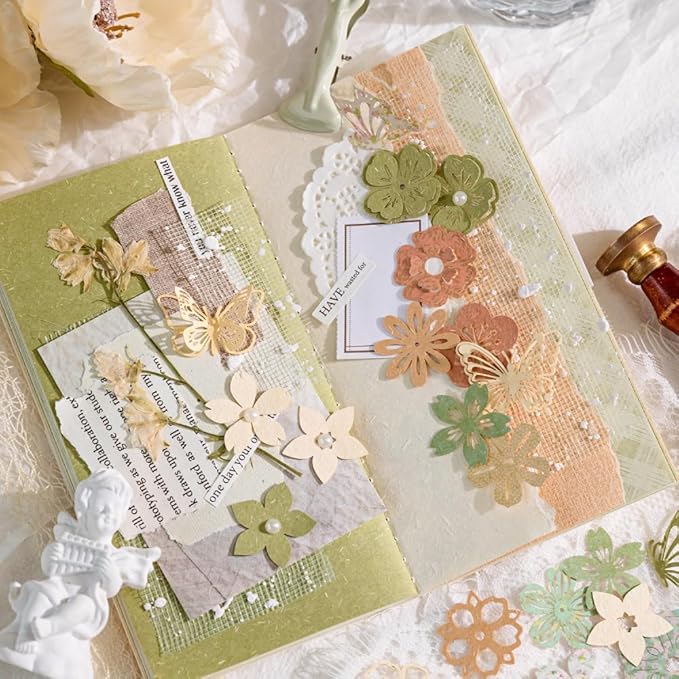 300pcs Scrapbook Paper Cutouts Lace Flowers Butterfly for Scrapbooking Embellishments Supplies, Junk Journaling, Card Making, Mixed Media, Vintage Diecut Floral Collage Materials