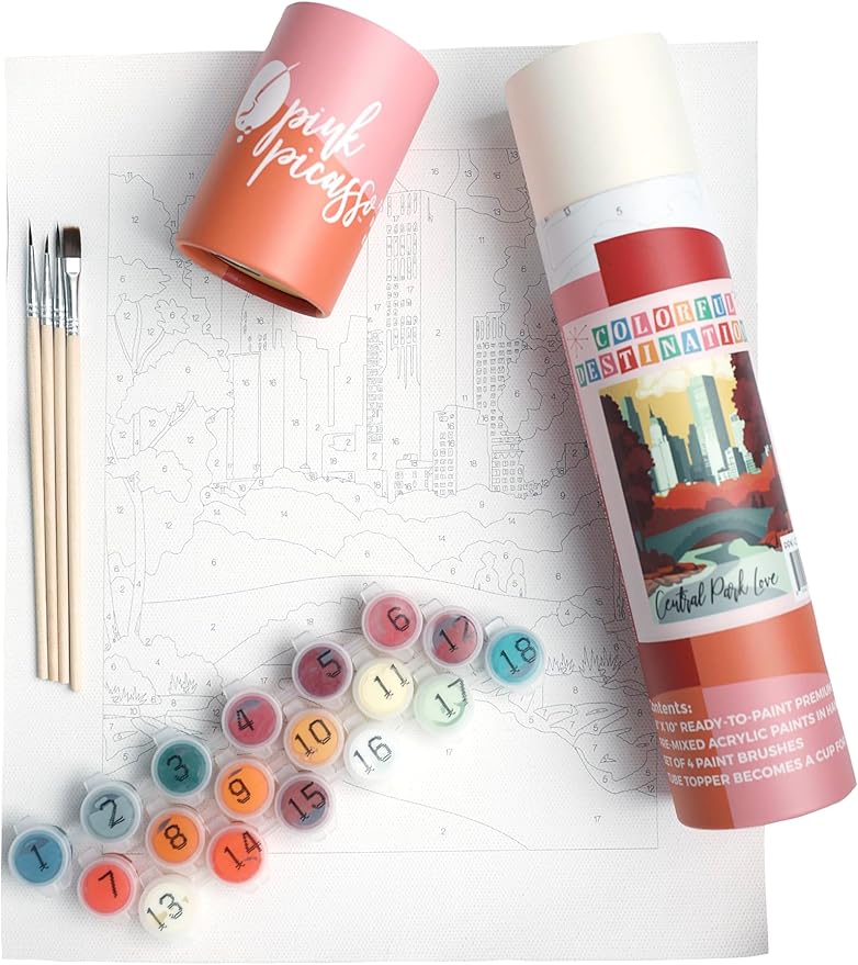 Pink Picasso Kits Colorful Destinations Paint by Number for Adults and Teens | DIY Unique Canvas Painting Kits Color by Numbers Arts & Crafts Kit | Central Park Love 8x10 - Paint Kit Set