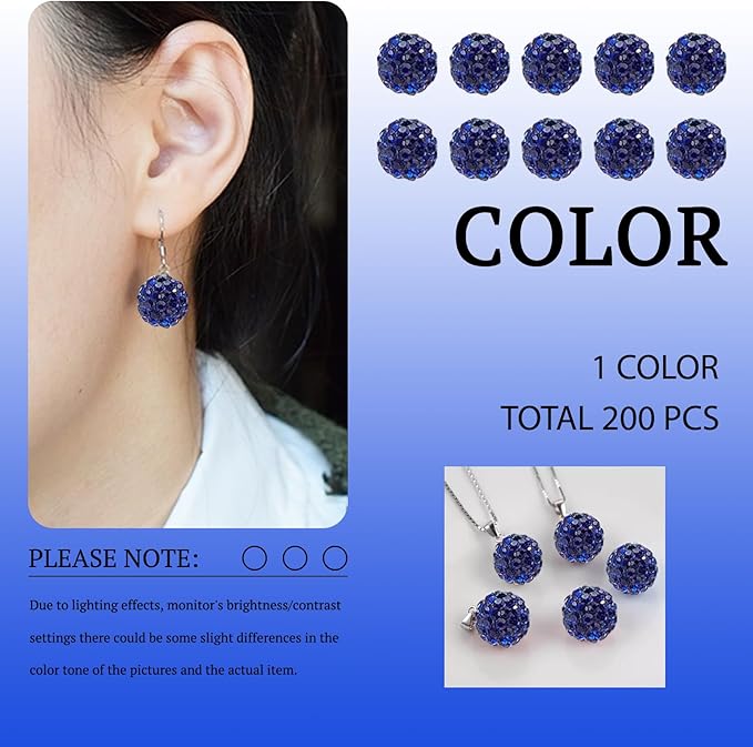 Navy Blue Rhinestone Beads for Jewelry Making-10mm Round Disco Ball Beads Crystal Baseball Bead for Necklace Bracelet,DIY Craft Supplies,Earring Jewelry Making(200 pcs)