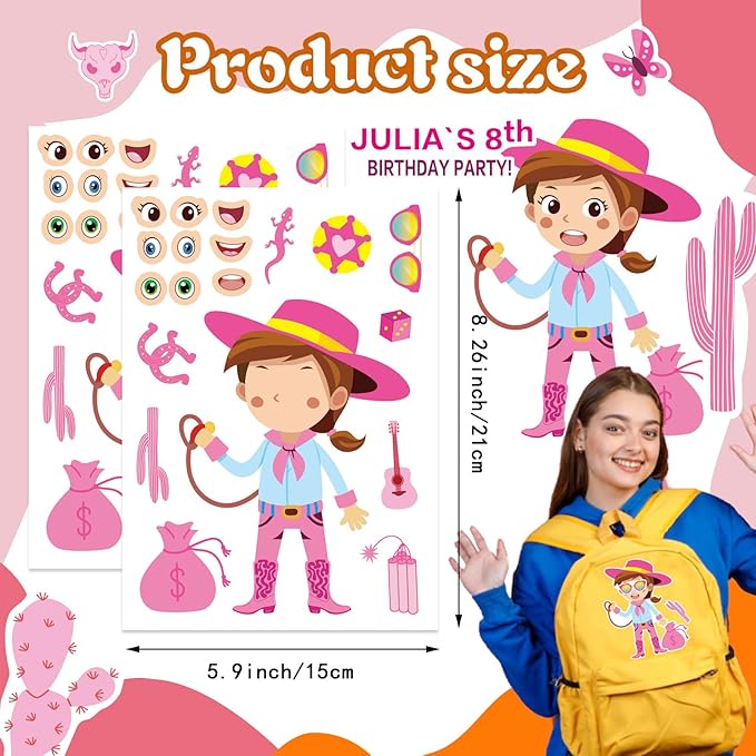 24 sheets cowboy cowgirl stickers for kids, country western cowgirl make a face sticker, make your own stickers sheets, pink cool theme art craft supplies