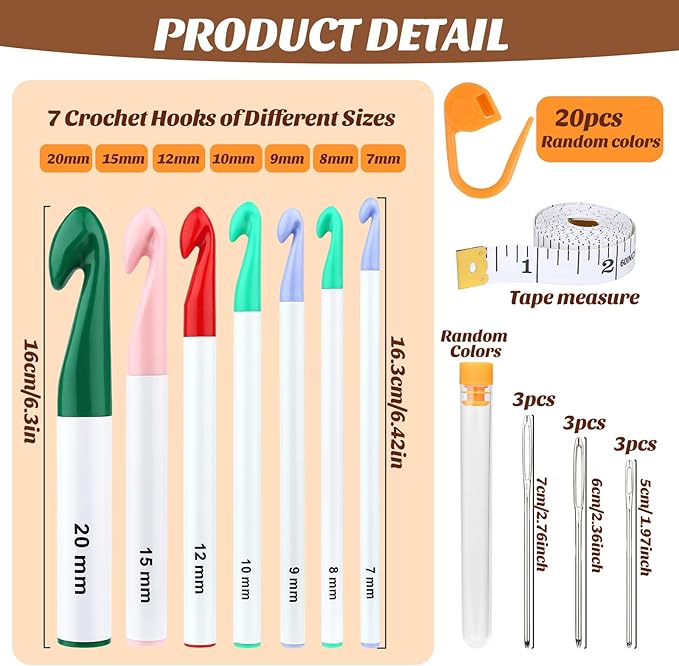 7 Sizes Large Crochet Hooks Set, 7mm-20mm Huge Crochet Hooks for Chunky Yarn, Ergonomic Crochet Needles with Big-Eye Blunt Needles Crochet Accessions for DIY Craft Carpets