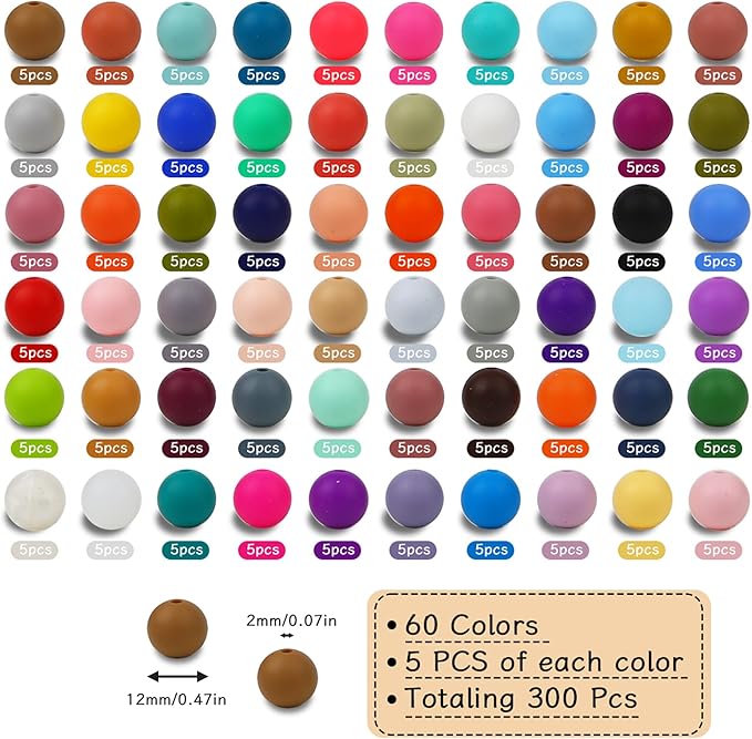 300pcs Silicone Beads for Keychain Making Kit 60 Colors Focal Rubber Round Mixed Color Silicone Beads Bulk for Pens, DIY Keychain,Necklace Bracelet Making Kit, Jewelry,Art Crafts
