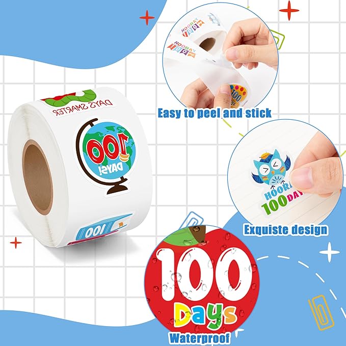beyumi 100 days smarter stickers - 1000pcs 100 days of school stickers in 2 rolls hooray 100 teacher incentive sticker 100th day adhesive reward decals kindergarten classroom party decor for kids