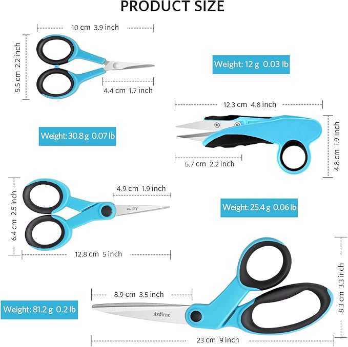 Premium sewing Scissors Bundle, Perfect Sewing Partners, Sharp and Durable, Comfortable Handle, Contains 9”Fabric scissors, 5”Detail Shear, 3.9”Embroidery Scissors, 4.8”Thread Snips