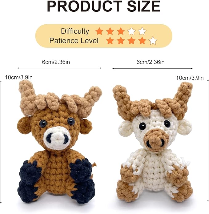 Highland Cow Crochet Kit for Beginners & Adult, Learn to Crochet Starter Set with Step-by-Step Video Tutorial & Instruction, Easy Animal Knitting Kit for Kid 12+, Fun Holiday Craft Gift