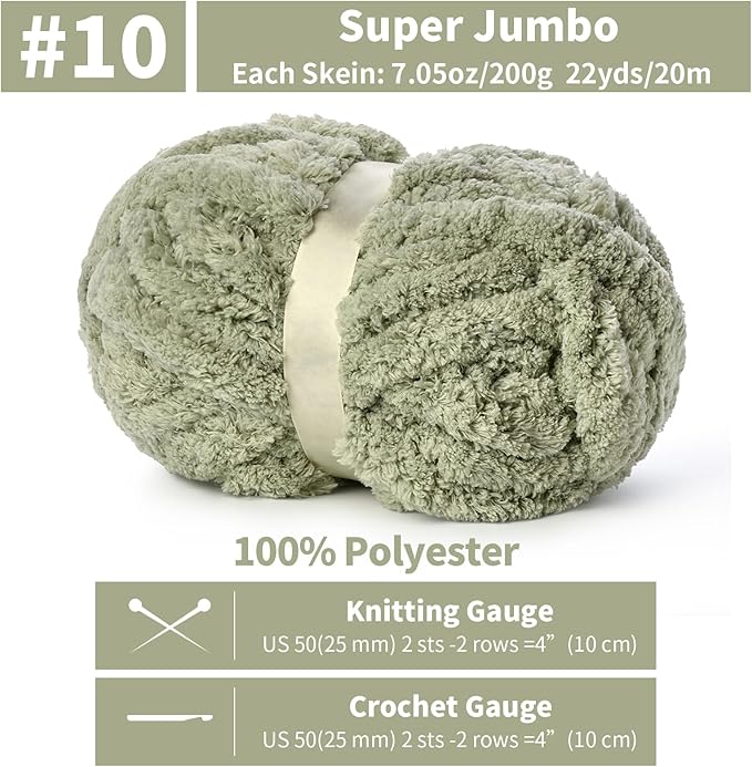 10 Pack Jumbo Chenille Yarn for Crocheting, #10 Super Bulky Baby Soft Yarn for Hand Knitting, 220 yds /70.5 oz Fluffy Chunky Knit Throw Blanket Yarn (Sage Green)