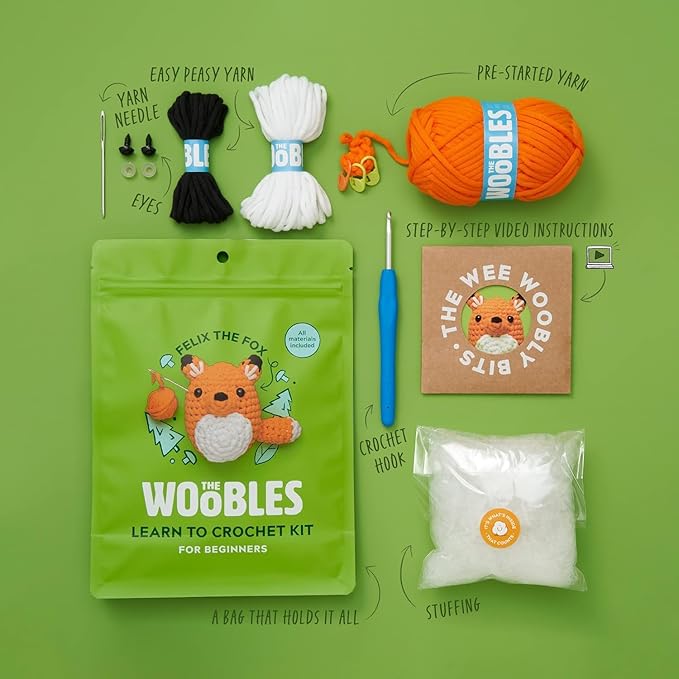 the woobles crochet kit for beginners - easy arts and crafts knitting & crochet animals kit as seen on shark tank - felix the fox