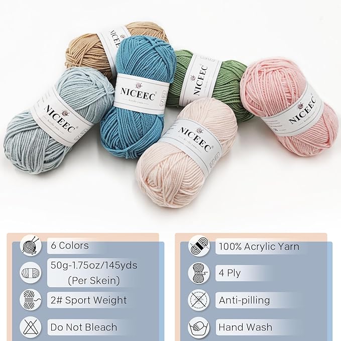 NICEEC 300g Soft Assorted Colors Yarn - Sport Weight,100% Acrylic, 4 Ply, Bonbons Yarn for Crochet & Knit, DIY Project Starter Kit for Kids or Adults(Total 870yds) - Series 12