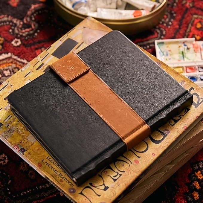 Luxury Leather Sketchbook, Hardcover Drawing Notebook, Pen Loop/Magnetic Closure, Acid Free 150gsm Thick Paper, Full Grain Leather Artisan Collection by Leatherpress (9.3” x 7.8” x .9”)