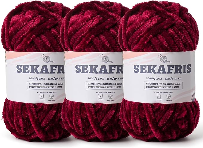 Fuzzy Chunky Chenille Yarn for Crocheting，Soft Plush Yarns for Hand Knitting，Bulky 3x100g（3x49.2 yd） Baby Blanket Yarn for Crocheting Amigurumi，Crochet Fluffy Velvet Yarns (3 Burgundy)