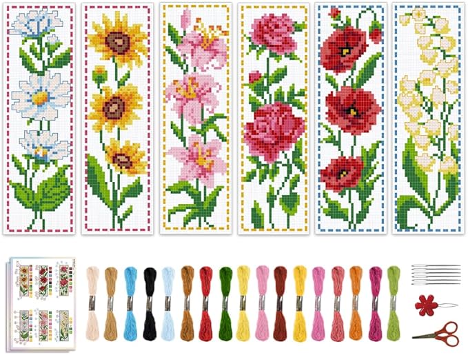 ACRNIGHEET 6PCS Cross Stitch Bookmark Kit for Beginner Flower Pattern Stamped Cross Stitch Kits for Adults Crossstitch Kits Adult Bookmarks with Instructions Hand Embroidery Craft Gift 8''x2.4'' 11CT