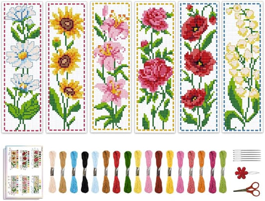 ACRNIGHEET 6PCS Cross Stitch Bookmark Kit for Beginner Flower Pattern Stamped Cross Stitch Kits for Adults Crossstitch Kits Adult Bookmarks with Instructions Hand Embroidery Craft Gift 8''x2.4'' 11CT