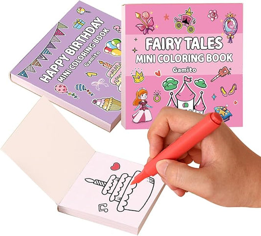 Mini Coloring Book for Adults, 2-Pack Travel Small Coloring Books, Pocket Size Adults Relaxation Coloring Books Stress Relief Adult Mini Coloring Book (Princess & Happy Birthday)