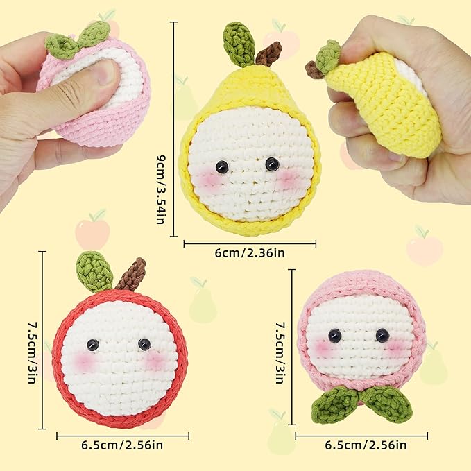 WaldyWop Crochet Kit for Beginners: 3PCS Fruit Squishies Knitting Kits, DIY Craft Kits for Adults w/Video Tutorials & Soft Yarn, Hook - Hobbies Starter Kit for Girls (13+, Birthday Gifts Set for Women